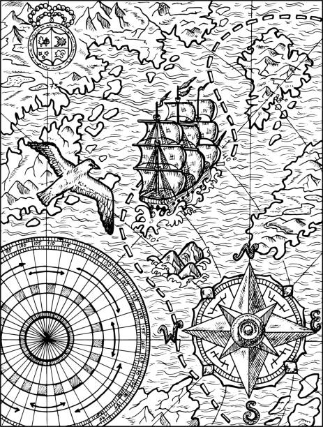 Black and white illustration of old map with sailboat, gull, unknown lands and islands, compass and wind rose. Black and white illustration of old map with sailboat, gull, unknown lands and islands, compass and wind rose. Vector vintage drawings, marine concept, coloring book page, t-shirt graphic pirate map stock illustrations
