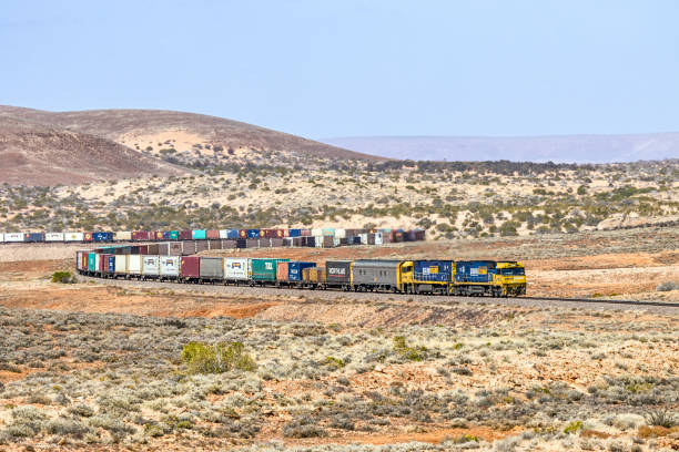 pacific national sydney nach perth intermodaler schienengüterverkehr im outback south australia - land vehicle rail freight locomotive australia stock-fotos und bilder