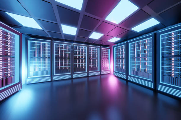 istock Hosting server computer room with pink blue light in the black color theme. 3D illusration rendering. 1355068922
