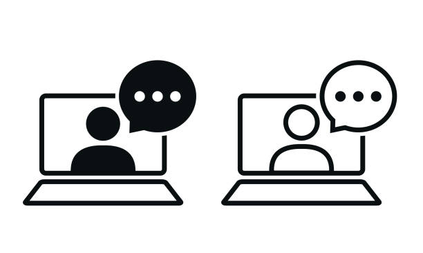 Online conference, webinar icon. Video call, discussion, online learning, Online conference, webinar icon. Video call, discussion, online learning, Illustration vector interview event silhouettes stock illustrations