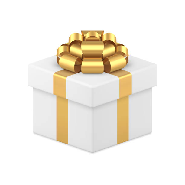 istock Realistic New Year wrapped white gift box decorated by golden metallic bright detailed bow ribbon 1355070372