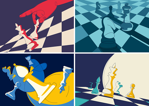 Collection of banners with chess pieces. Placard designs in doodle style.