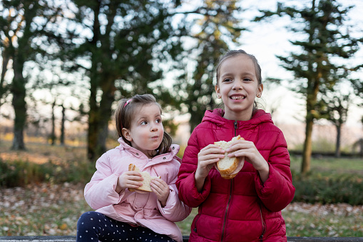 Two girls sitting on the bench and eating sandwich in nature