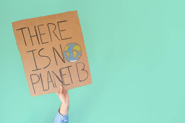 istock Stop climate change concept. Hand with denim jacket holding a there is no planet b cardboard sign over turquoise background with copy space 1355072065