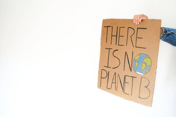 istock Hand with denim jacket holding there is no planet b sign over white background with copyspace 1355072068