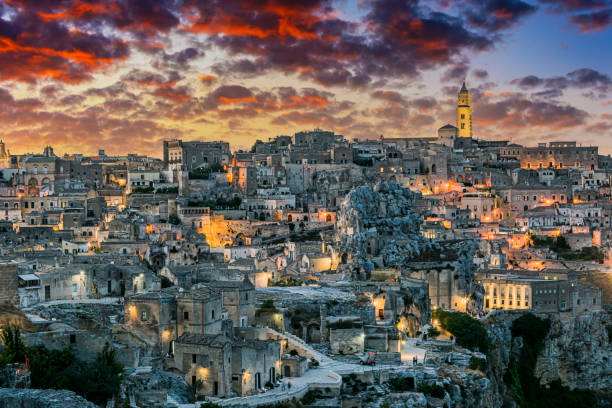 istock Panoramic night view of Matera, Basilicata, Italy 1355072375