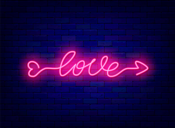 istock Love arrow neon one line drawing. Shiny lettering. Happy Valentines Day. Isolated vector stock illustration 1355073074
