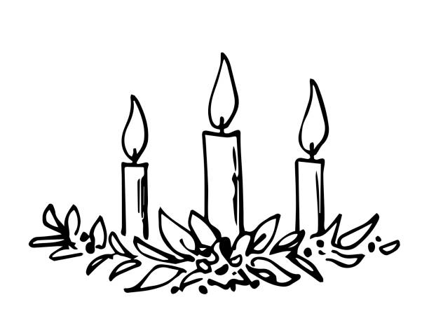 illustrations, cliparts, dessins animés et icônes de dessin vectoriel simple à contour noir. bougies allumées, couronne de feuillage, design de vacances. nouvel an et noël. - white background decor religious celebration christmas