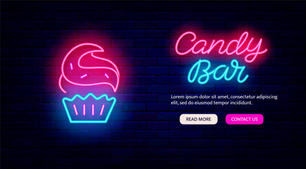 istock Candy bar neon signboard. Landing page template for sweet shop. Cupcake icon. Bakery. Isolated vector illustration 1355073124