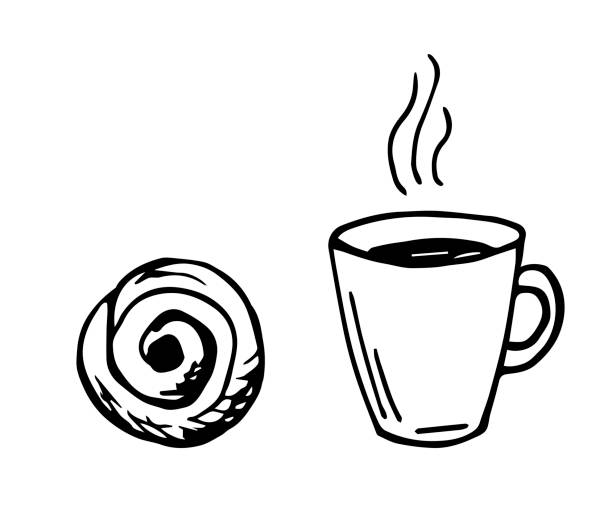Simple vector black outline drawing. Traditional Swedish pastries, coffee and bun. Ink sketch. Food and hot drinks. Simple vector black outline drawing. Traditional Swedish pastries, coffee and bun. Ink sketch. Food and hot drinks. kanelbulle stock illustrations
