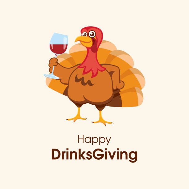 Happy DrinksGiving vector Cute thanksgiving turkey bird with a glass of wine icon vector. Funny turkey drinking wine cartoon character. Important day day drinking stock illustrations