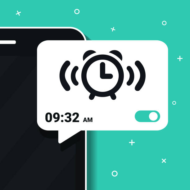 Wake up time settings. Alarm clock app on smartphone screen. Set up alarm reminder on phone. Wake up time settings. Alarm clock app on smartphone screen. Set up alarm reminder on phone. Illustration vector Notifier stock illustrations