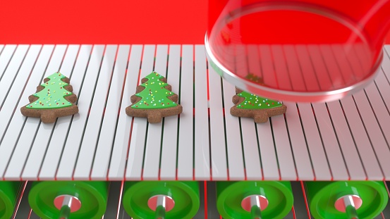 Christmas cookies in the form of Christmas trees moving along a conveyor. Santa's Christmas toy factory at the North Pole. Conveyor belts with Christmas presents. Depth of field. 3d rendering