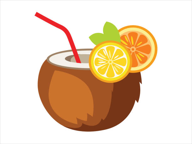 Pina colada cocktail in coconut Pina colada cocktail in coconut with slice of oranges and umbrella.
Vector illustration in cartoon style for parties, holidays, beach. tropical cocktail stock illustrations