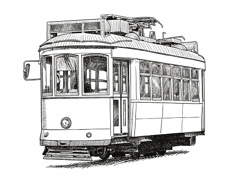 Old style illustration of a small, vintage tram