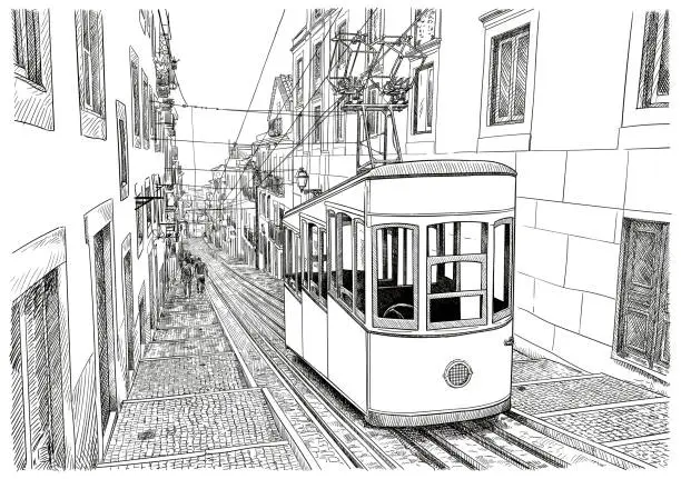 Vector illustration of Vector drawing of Lisbon Bica Funicular