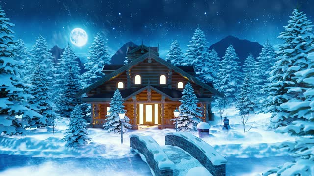 Christmas and New Year Background. Night Magic Snowy Forest and Blue Sky with Stars and Bright Moon. Starry Christmas Night in the Village. Moving Forward. Depth of Field. 3d Animation