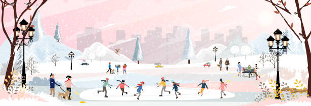 istock Winter landscape at night with people having fun doing outdoor activities on new year,Christmas day in village with people celebration, kid playing ice skates, teenagers skiing with snow falling 1355077178