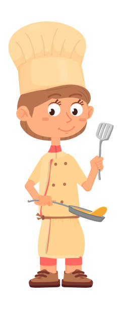 ilustraciones, imágenes clip art, dibujos animados e iconos de stock de niño freír panqueques. chef kid con sartén y tornero ranurado - pancake turner