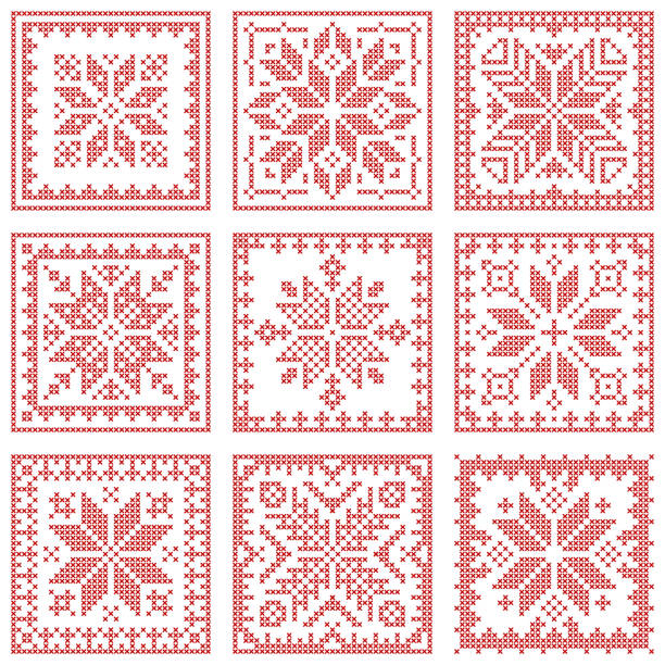 ilustraciones, imágenes clip art, dibujos animados e iconos de stock de patrón de punto de cruz navideño bordado a cuadros de estilo escandinavo de navidad - plaid checked pattern sewing