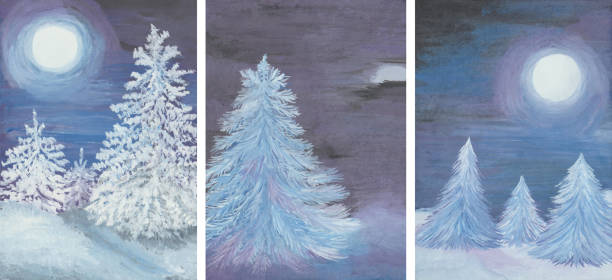 illustrations, cliparts, dessins animés et icônes de gouache peint à la main des illustrations de triplés de sapins sous la neige, congères, pleine lune blanche, ciel nocturne sombre. forêt d’hiver enneigée de couleurs bleues et violettes. art pour le design carte postale, bannière, affiche - illustration and painting panoramic sky snow