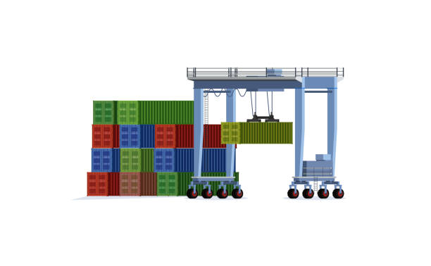 Realistic vector illustration of gantry crane,industrial crane ,container crane High detailed vector illustration of transport by container.  Business of moving freight. gantry crane stock illustrations