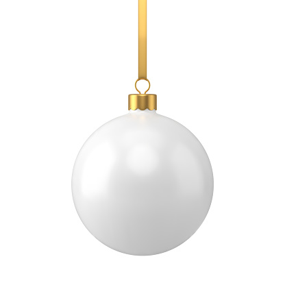 Hanged white tenderness Christmas tree toy ball with golden rope 3d realistic vector illustration