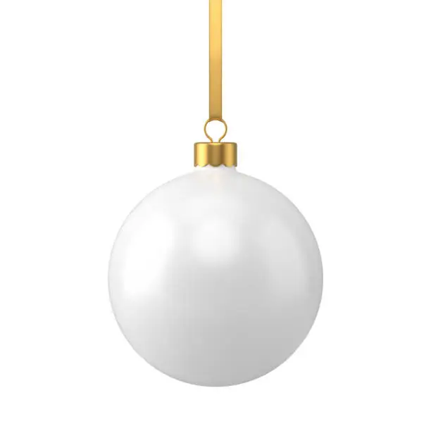 Vector illustration of Hanged white tenderness Christmas tree toy ball with golden rope 3d realistic vector illustration