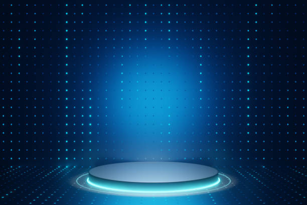 istock Digital product background. Silver cylinder podium with led light reflects on dark dot effect blue background. 3D illustration rendering. 1355080245