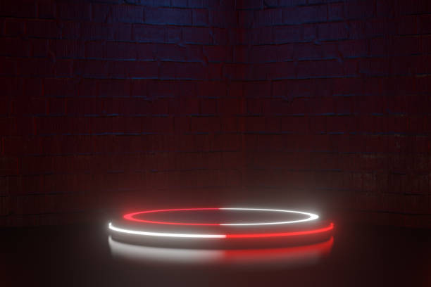 istock Digital product background. Cylinder podium with led light circle ring reflects on dark red bricks background. 3D illustration rendering. 1355080289