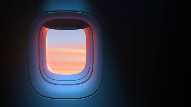 저녁 주변 분위기의 비행기 현관은 창문을 통해 보이는 구름 일몰. 분홍색 파란색 색으로. 복사 공간이 있는 매우 사실적인 3d 렌더 일러스트레이션 - airplane porthole stock illustrations
