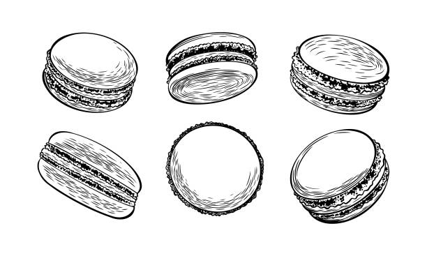 ilustrações, clipart, desenhos animados e ícones de conjunto de macaroons desenhados à mão - macaroon french culture dessert food