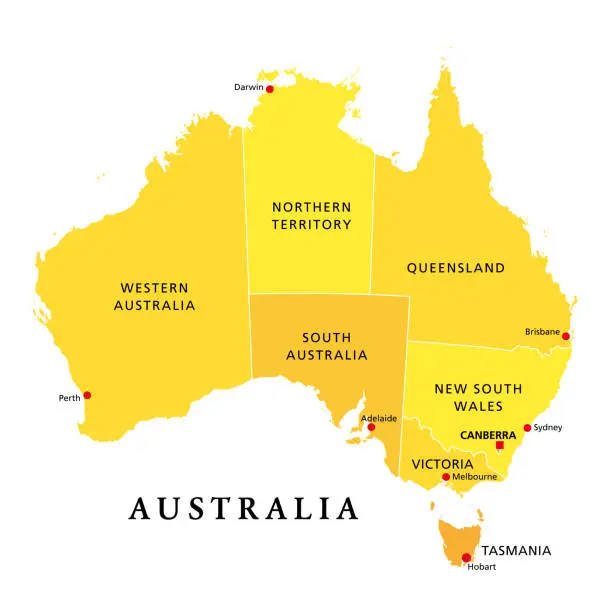 Vector illustration of Australia, administrative states and territories, political map