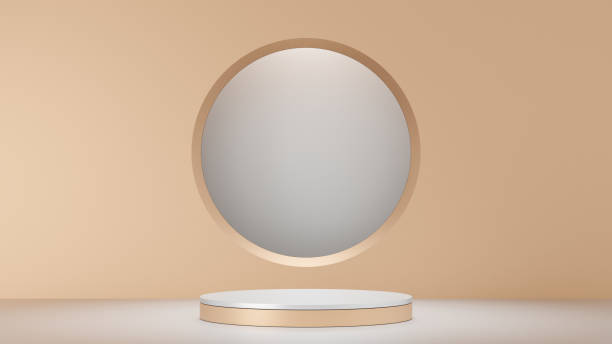 istock 3D rendering background. White stage podium display product with a gold wall and circle frame. Image for presentation. 1355083858