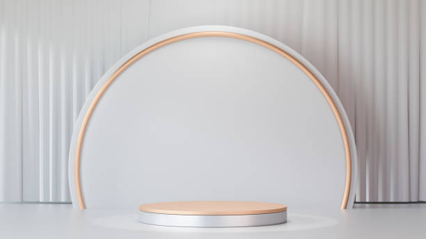 istock 3D rendering background. White gold stage podium display products with a white circle wall and gold ring and clean curtain background. Image for presentation. 1355083887