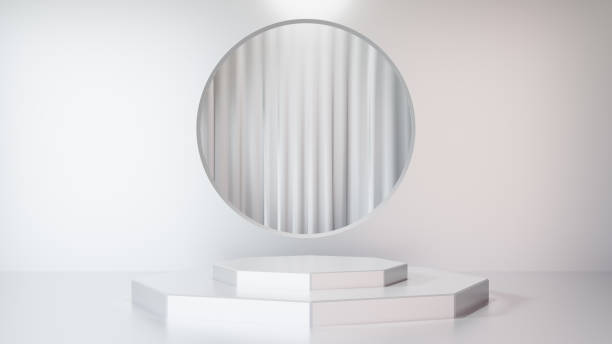 istock 3D rendering background. White step stage podium display product with a white wall and circle frame with white curtain. Image for presentation. 1355083888