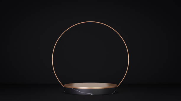 istock 3D rendering background. Black gold cylinder stage podium and gold ring decoration back on black background. Image for presentation. 1355083913