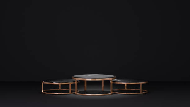 istock 3D rendering background. Three black marble gold cylinder table on black background. Image for presentation. 1355083914