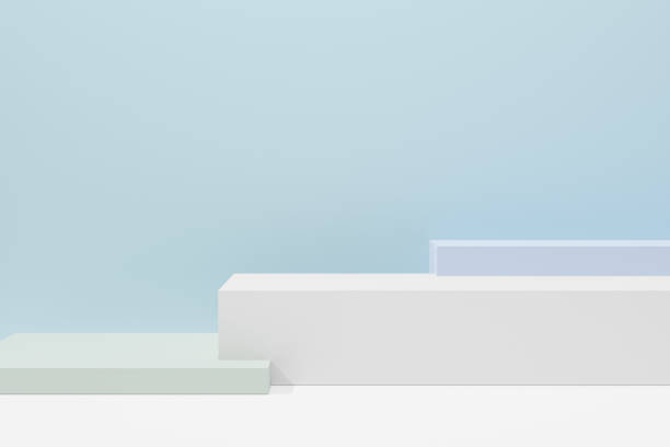 istock 3d rendering illustration. Pastel blue green block podium in abstract blue composition. 1355083970
