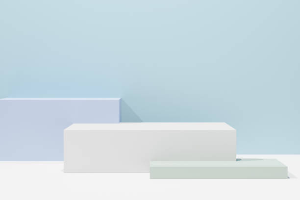 istock 3d rendering illustration. Pastel blue green block podium in abstract blue composition. 1355083974
