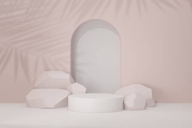 istock Pastel cylinder podium backdrop. White round stage with stone background in light pink theme color. 3D illustration rendering image. 1355083990