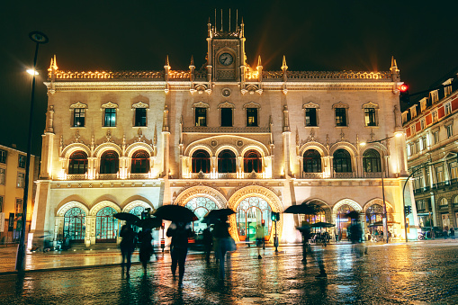 Rossio Railway Station on rainy night in Lisbon