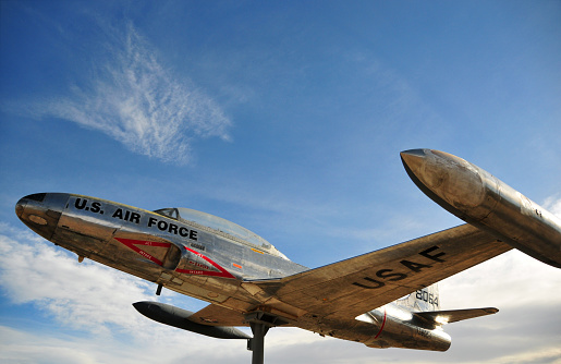 Fort Garland, Costilla County, San Luis Valley, Colorado, USA: 1948 United States Air Force Lockheed  T-33A Shooting star on a roadside plynth, serial #57-6560, tail 138064 - Veteran’s Memorial Park, U.S. Highway 160. The T-33 was developed as a two-seat version of the Lockheed F-80C fighter-bomber. Lockheed produced 5,691 T-33s from 1948 to 1957. Canadair manufactured 656 T-33s under license as CT-133 \