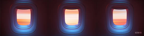 istock Triple Airplane porthole in the evening ambient atmosphere with clouds sunset visible through window. In pink blue color scheme. Ultra realistic 3d vector illustration with copy space 1355085296