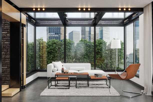contemporary luxurious living room in downtown - loft apartment house contemporary indoors imagens e fotografias de stock