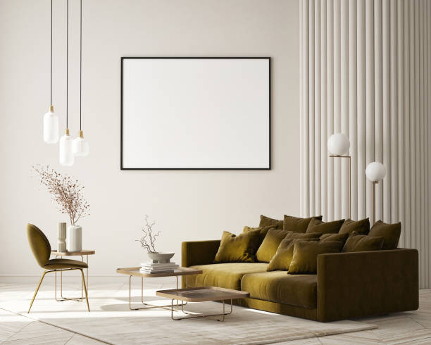istock mock up poster frame in modern interior background, living room, Scandinavian style, 3D render, 3D illustration 1355085447