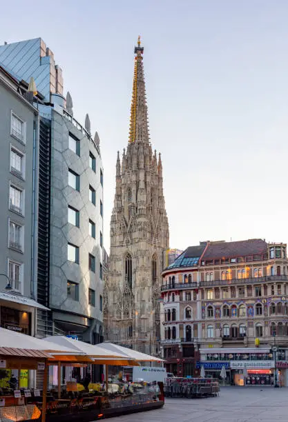 Photo of Graben street with Haas house and  St. Stephen's cathedral on Stephansplatz square, Vienna, Austria