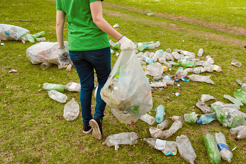Volunteer holding plastic bag, cleaning park. Unrecognizable person.