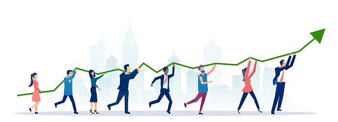 Vector of a group of people lifting up a financial graph and arrow on a city background