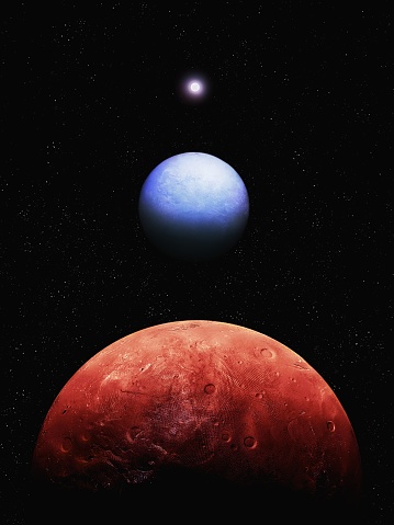 Parade of planets in space, two planets converge, cosmic landscape with exoplanets and stars.